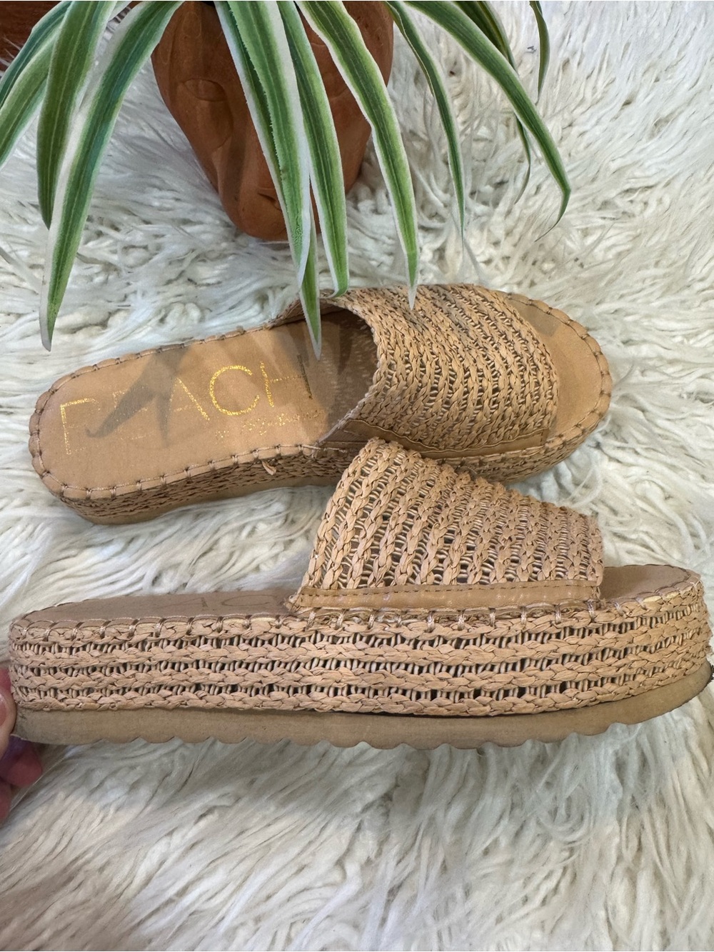 Braided Slide Platform Sandals in Tan